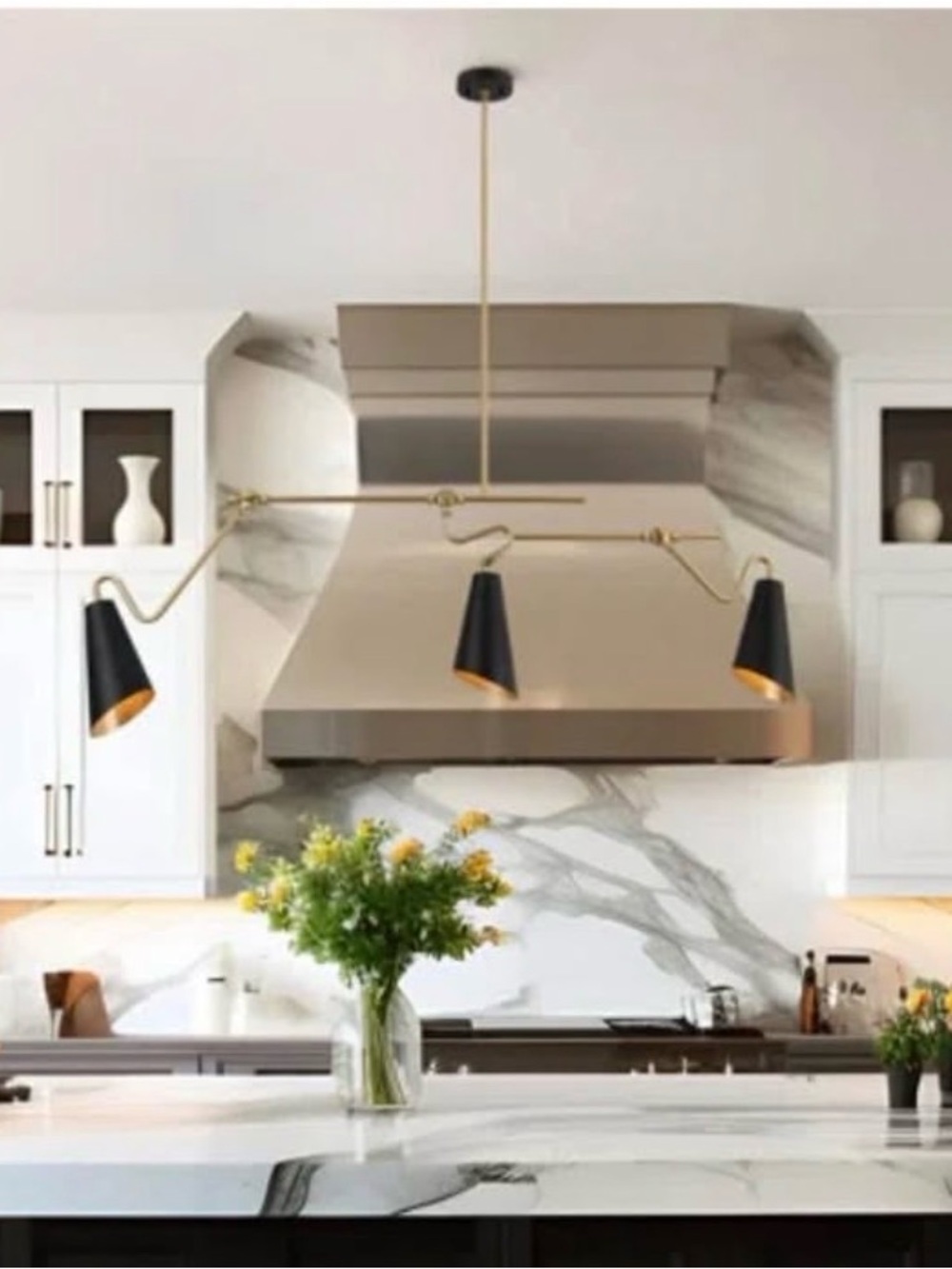 Brass Multi-Arm Pendant Light with Black Shades - Stylish Kitchen Lighting